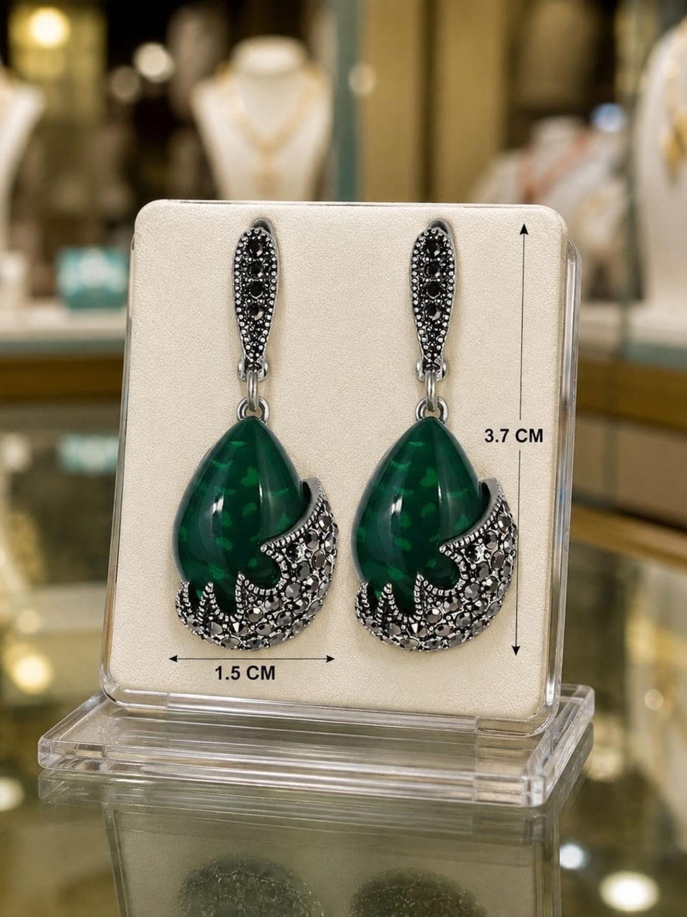 Green Teardrop Marcasite Dangle Earrings - Elegant Women Jewelry